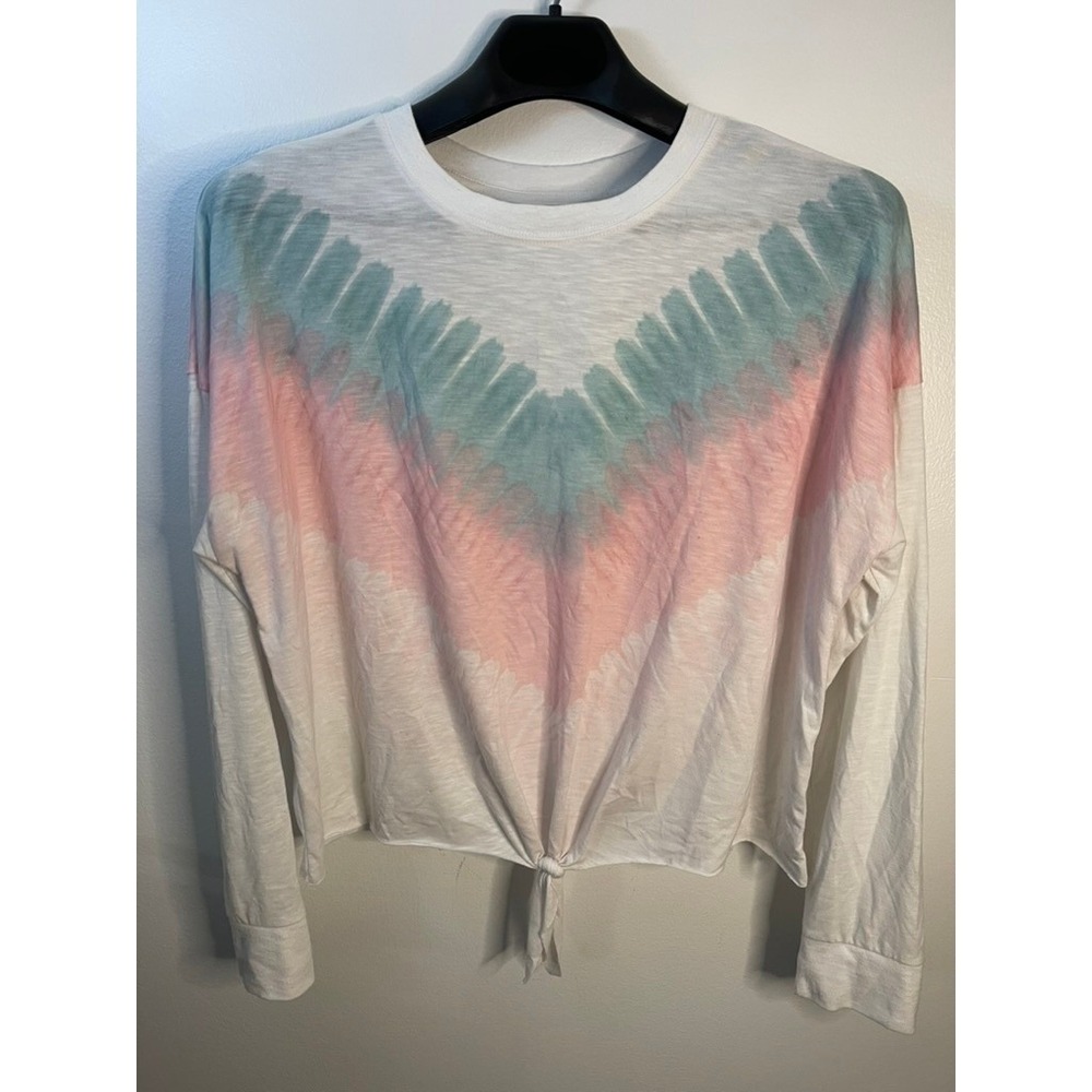 SO The Lounge Life Tee Womens XL Tie Dye Chevron Long Sleeve Front Tie Crop Top